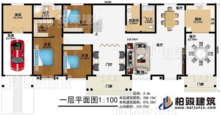 一层：2门廊、门厅、客厅、2餐厅、厨房、公卫、洗漱间、3卧室、衣帽间、内卫、库房、车库