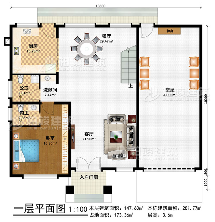 一层：入户门廊、堂屋、神龛、餐厅、厨房、卧室、洗漱间、公卫、内卫